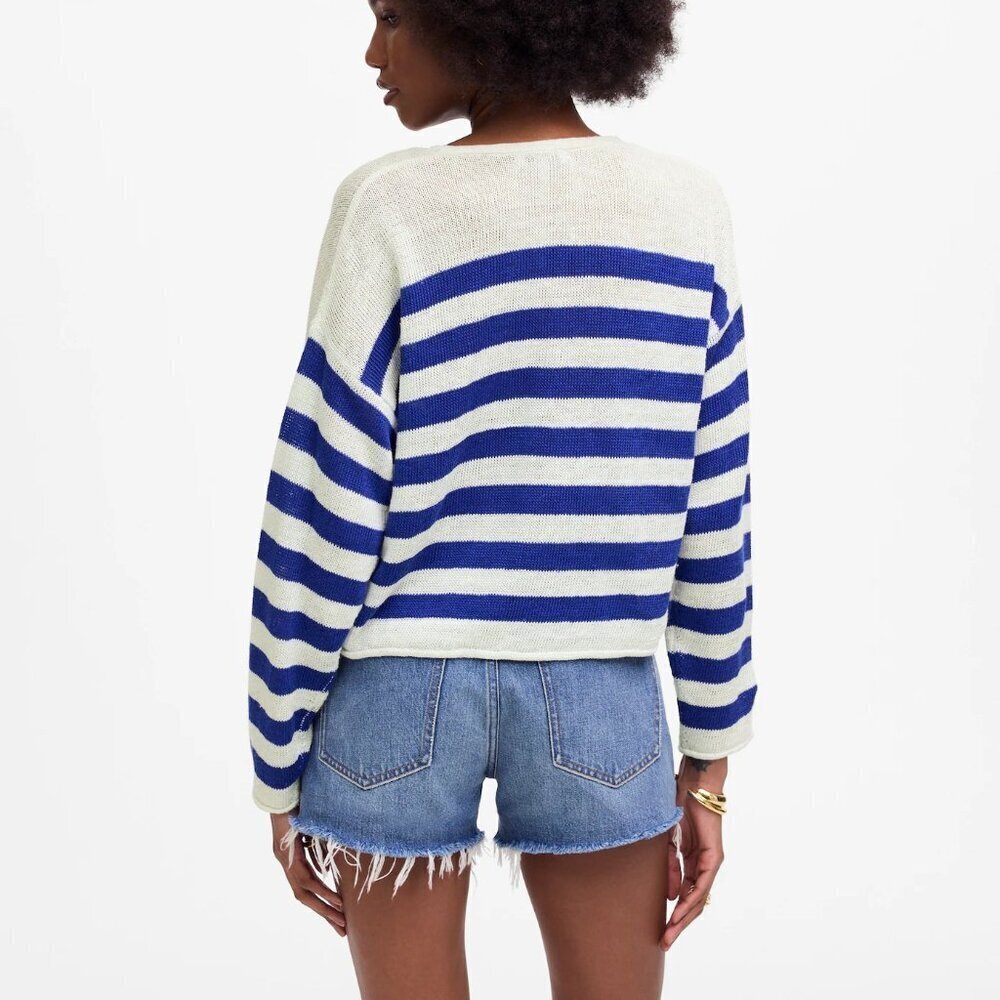 Madewell Linen V-Neck Sweater Beach Vacation Preppy in Sapphire Blue Stripe 2X - Picture 2 of 14